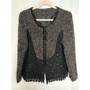Panitti Womens Tweed Lace Embellished Blazer Jacket Large Wool Blend Black White